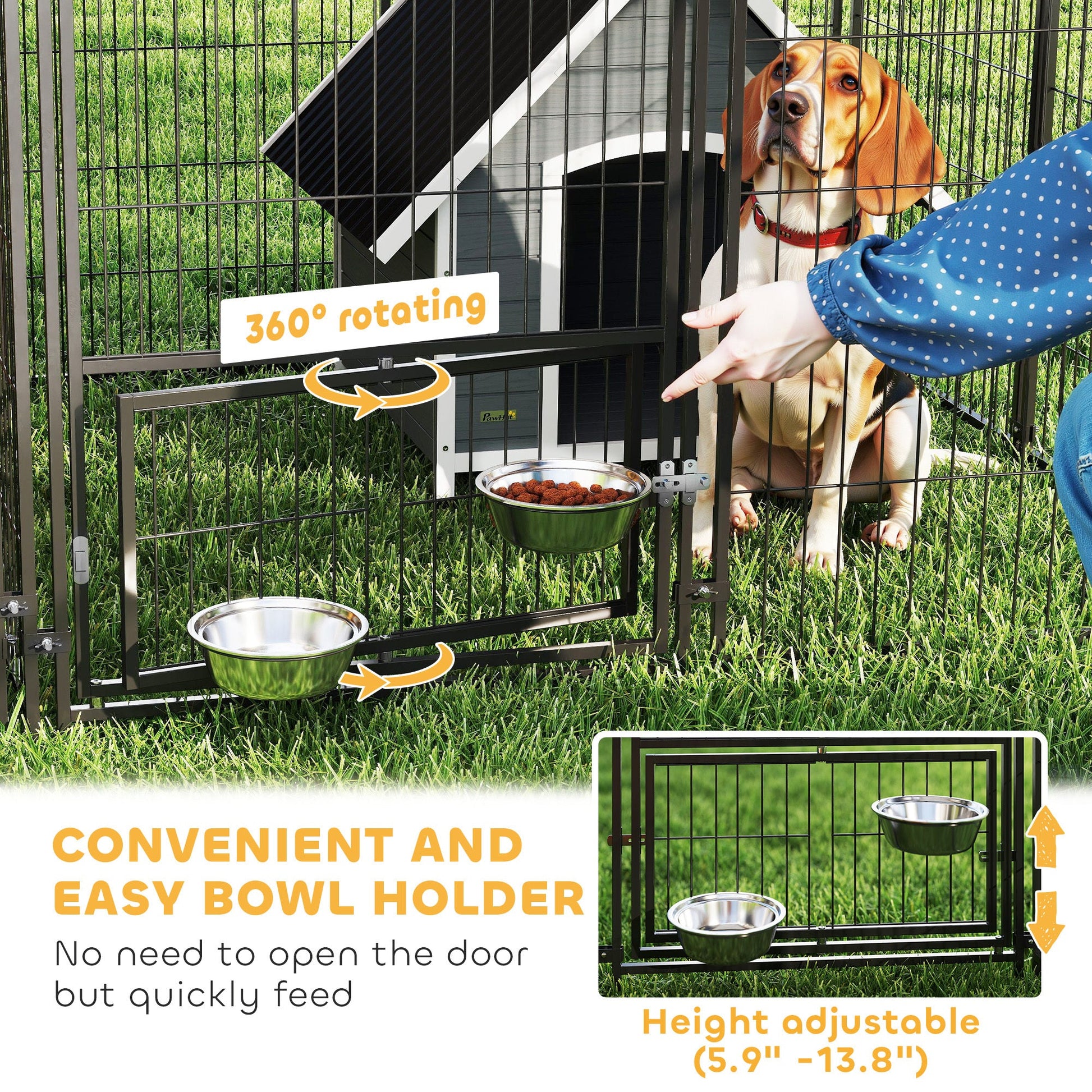 JMT-252042 Large Outdoor Dog Kennel with Two Rooms, Adjustable Height Bowls, and Durable PVC-Coated Fabric