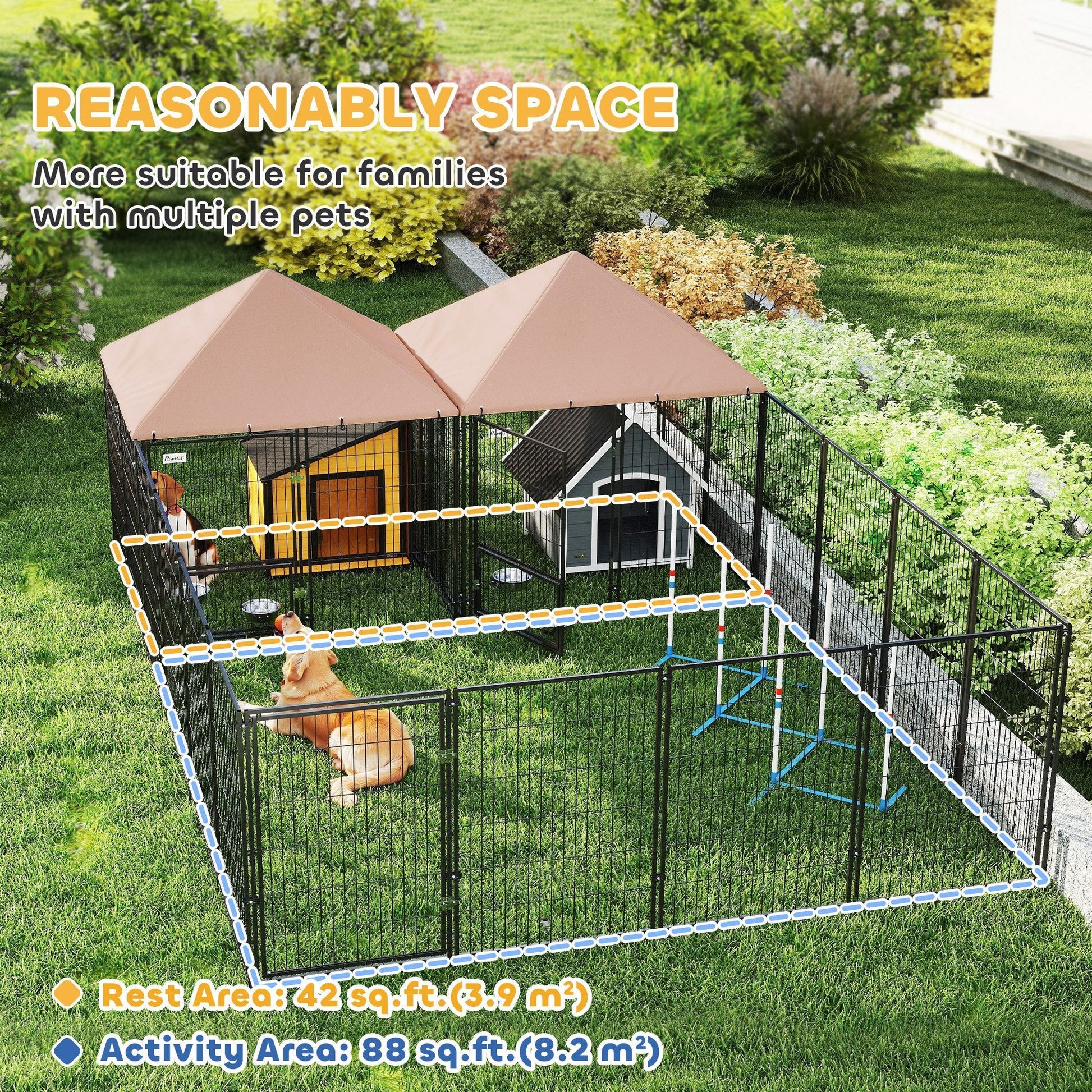 JMT-252042 Large Outdoor Dog Kennel with Two Rooms, Adjustable Height Bowls, and Durable PVC-Coated Fabric