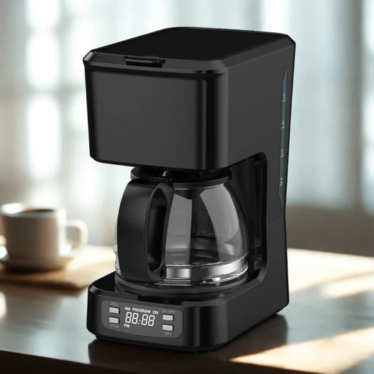 JMT-253002 Programmable 5-Cup Coffee Maker with Ground Coffee Option, Clear Water Level Indicator, Non-Stick Warming Plate