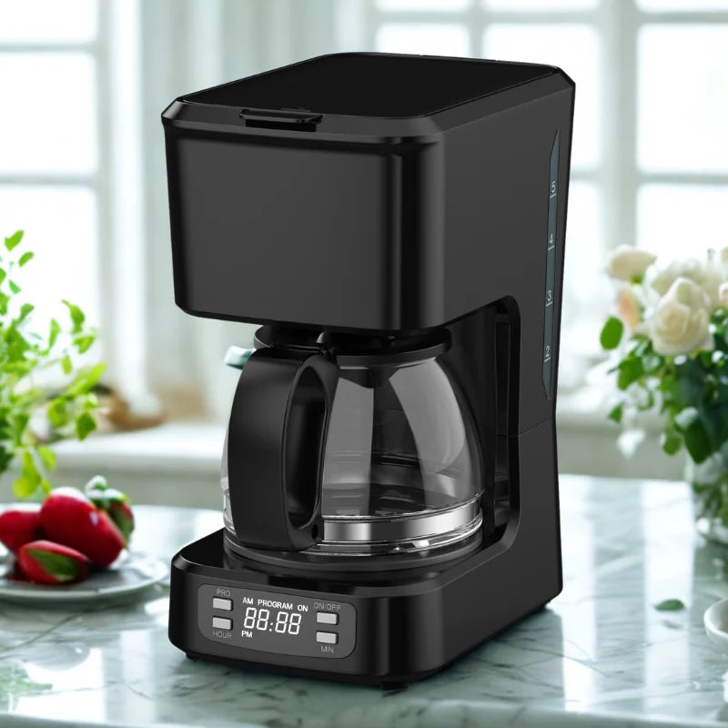 JMT-253002 Programmable 5-Cup Coffee Maker with Ground Coffee Option, Clear Water Level Indicator, Non-Stick Warming Plate