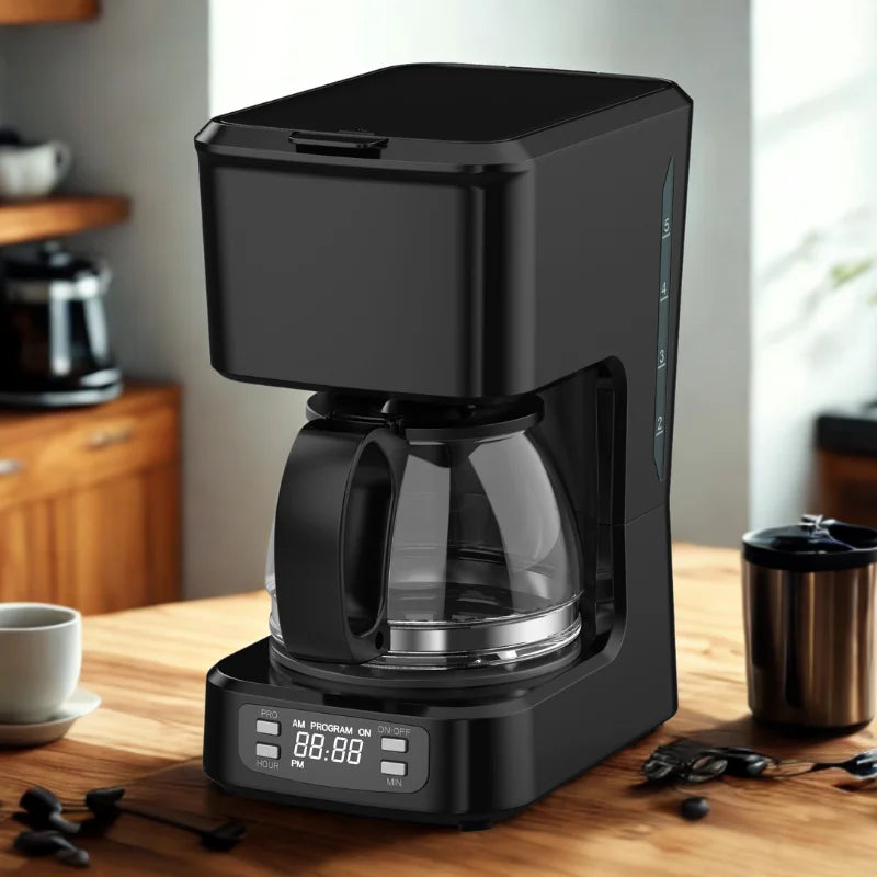 JMT-253002 Programmable 5-Cup Coffee Maker with Ground Coffee Option, Clear Water Level Indicator, Non-Stick Warming Plate