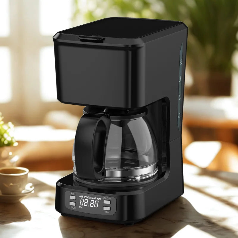 JMT-253002 Programmable 5-Cup Coffee Maker with Ground Coffee Option, Clear Water Level Indicator, Non-Stick Warming Plate