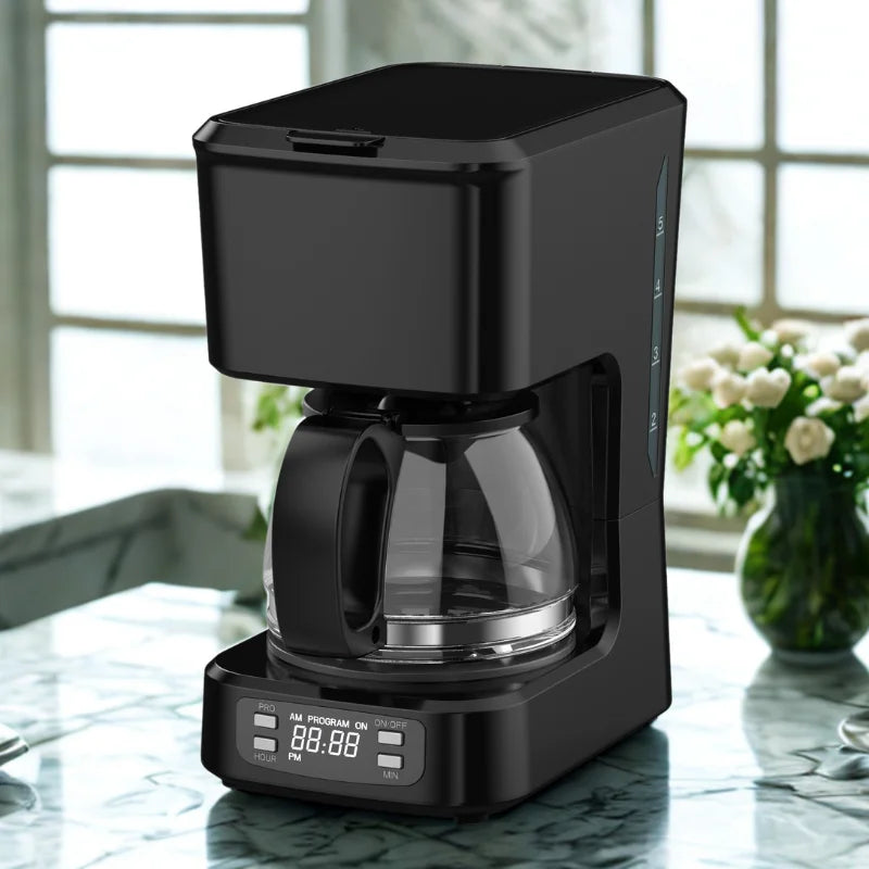 JMT-253002 Programmable 5-Cup Coffee Maker with Ground Coffee Option, Clear Water Level Indicator, Non-Stick Warming Plate