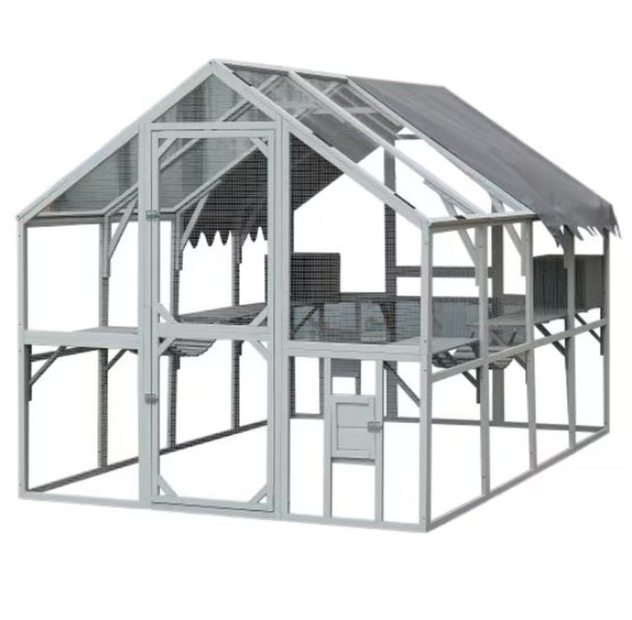 JMT-253194 Spacious Outdoor Cat House Playpen with Weatherproof Cover and Walkways, 110" Grey & White