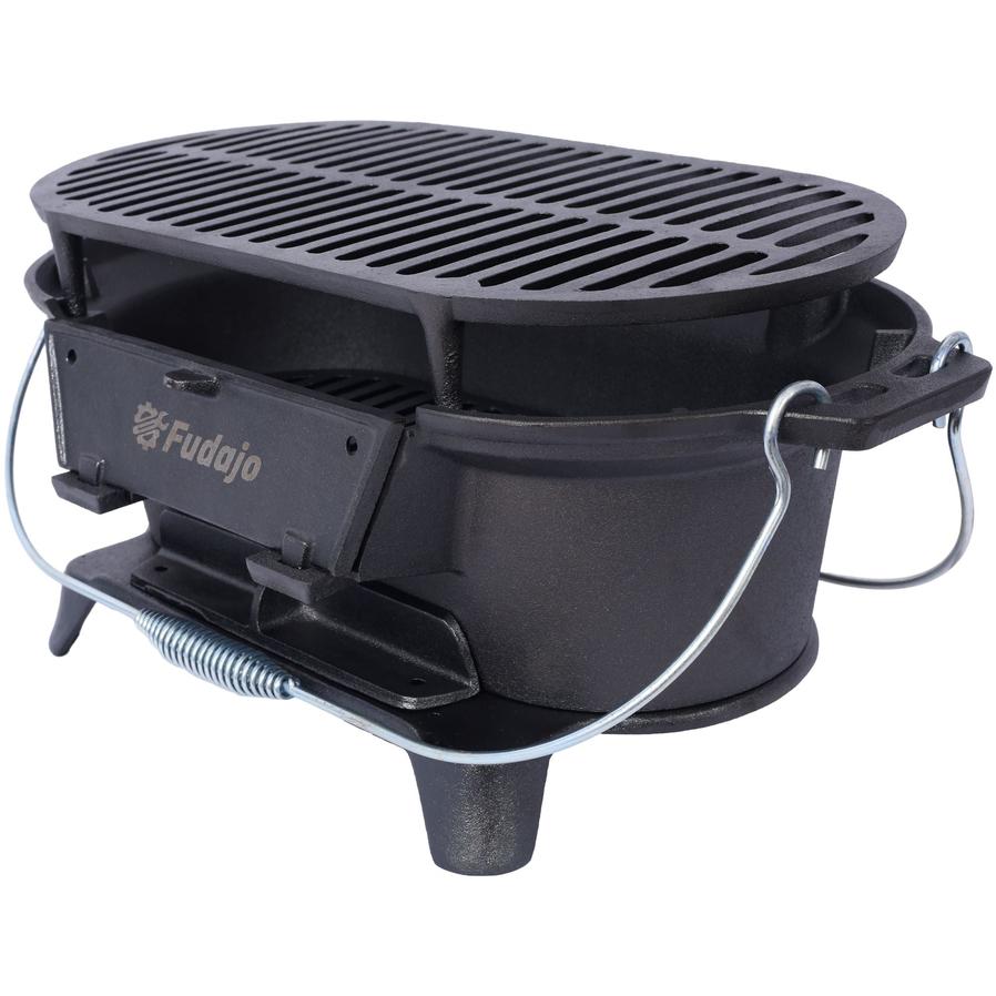 JMT-255370 Portable Oval Cast Iron Charcoal Grill with Frying Pan Insert for Outdoor Cooking