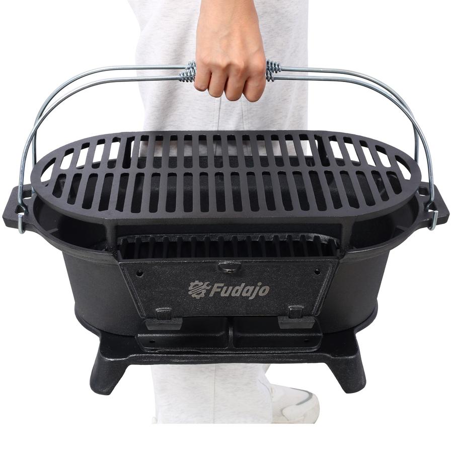 JMT-255370 Portable Oval Cast Iron Charcoal Grill with Frying Pan Insert for Outdoor Cooking