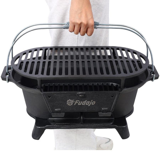 JMT-255370 Portable Oval Cast Iron Charcoal Grill with Frying Pan Insert for Outdoor Cooking