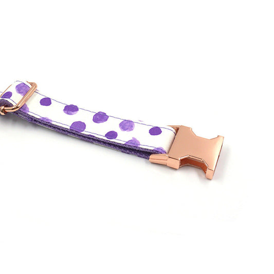 JMT-256138 Purple Polka Dot Pet Collar with Rose Gold Accents and Adjustable Sizing