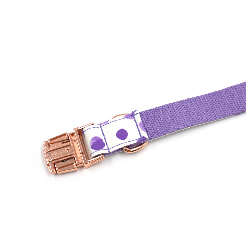 JMT-256138 Purple Polka Dot Pet Collar with Rose Gold Accents and Adjustable Sizing