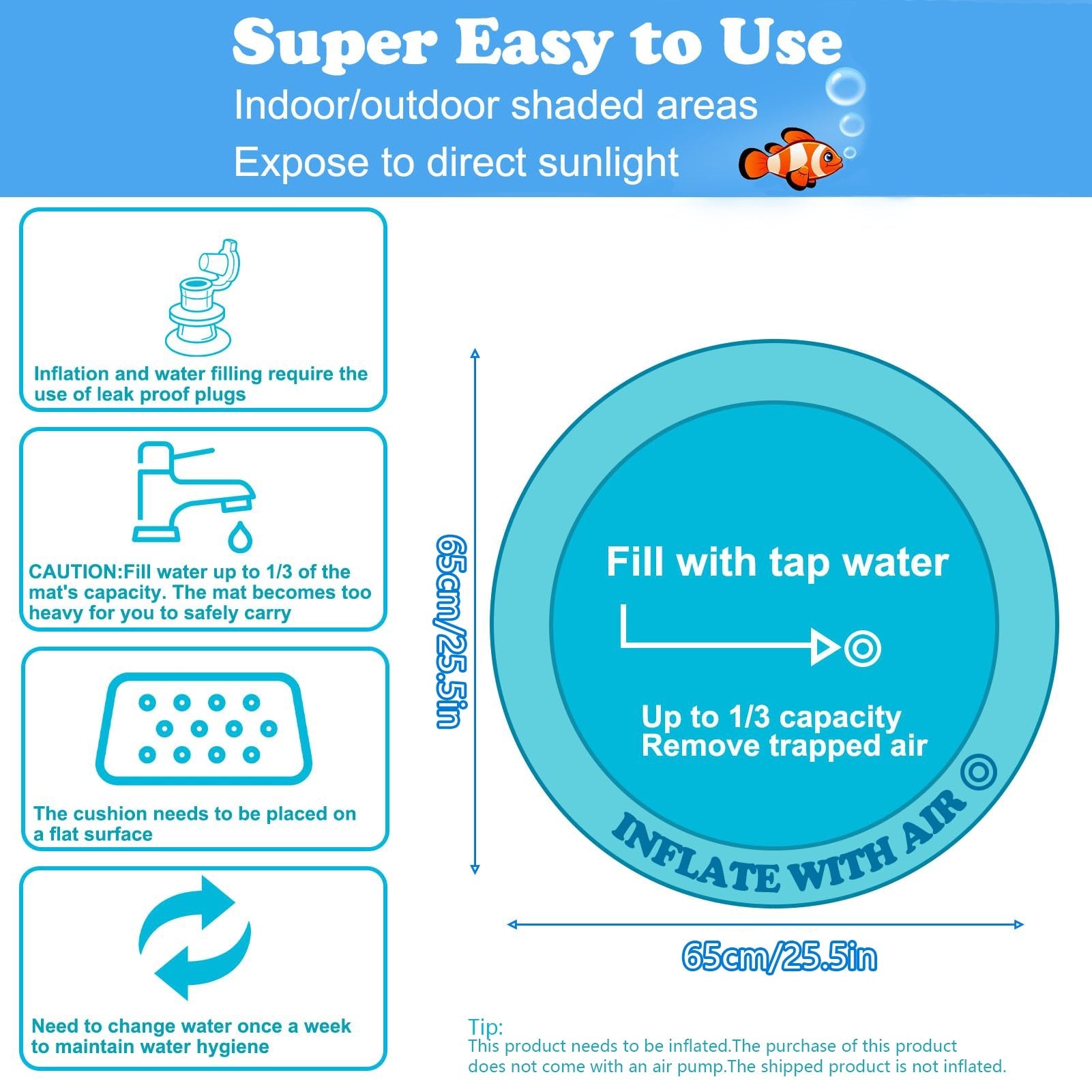 JMT-257610 Water Sensory Play Mat for Cats and Dogs - Interactive Cooling Exercise Toy with Floating Fish for Indoor and Outdoor Fun