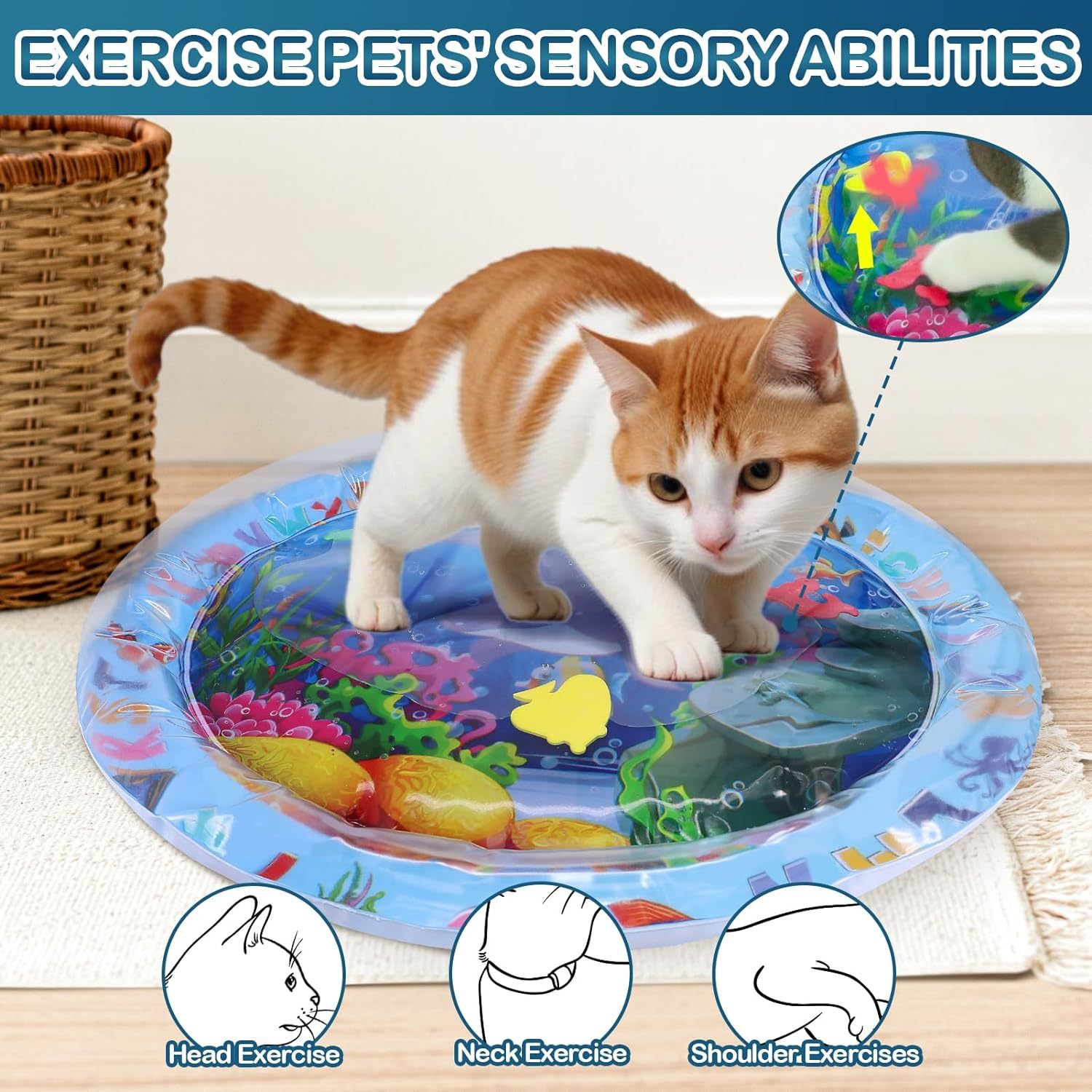 JMT-257610 Water Sensory Play Mat for Cats and Dogs - Interactive Cooling Exercise Toy with Floating Fish for Indoor and Outdoor Fun