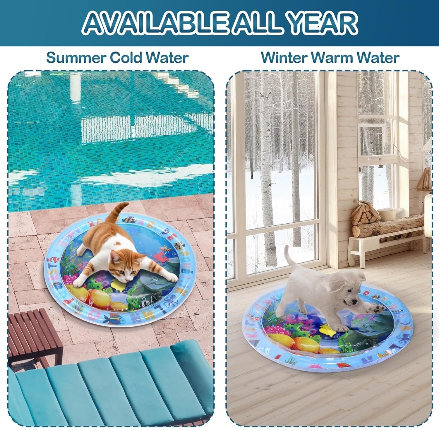JMT-257610 Water Sensory Play Mat for Cats and Dogs - Interactive Cooling Exercise Toy with Floating Fish for Indoor and Outdoor Fun