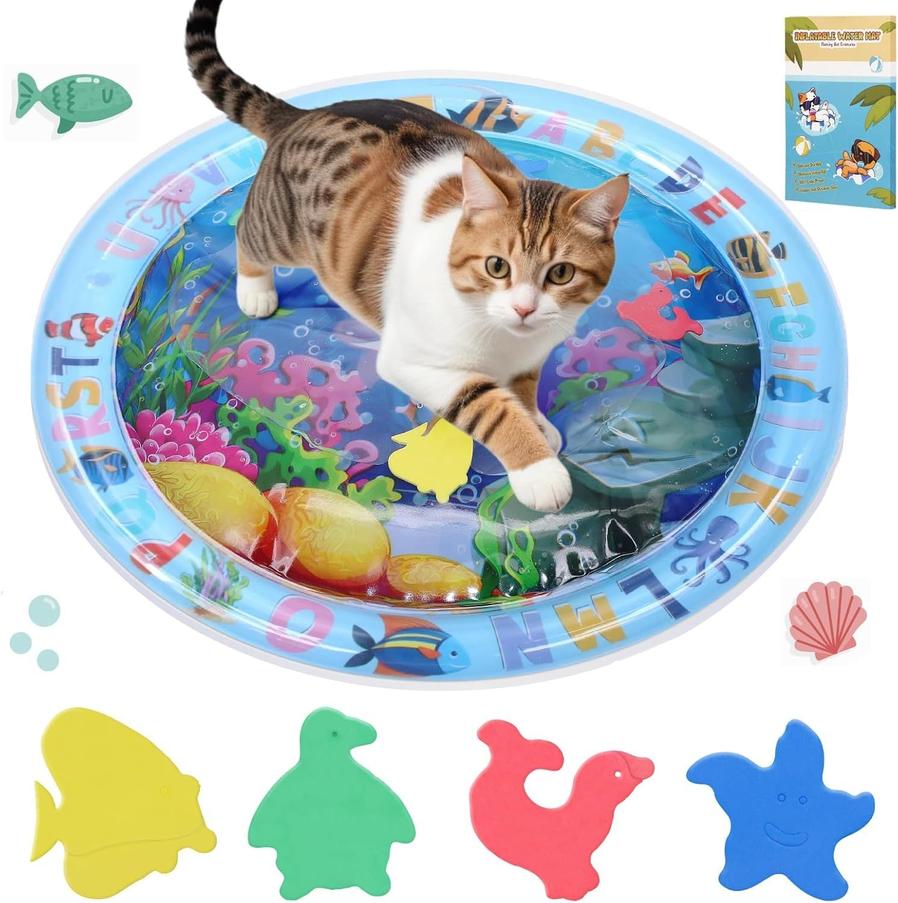 JMT-257610 Water Sensory Play Mat for Cats and Dogs - Interactive Cooling Exercise Toy with Floating Fish for Indoor and Outdoor Fun