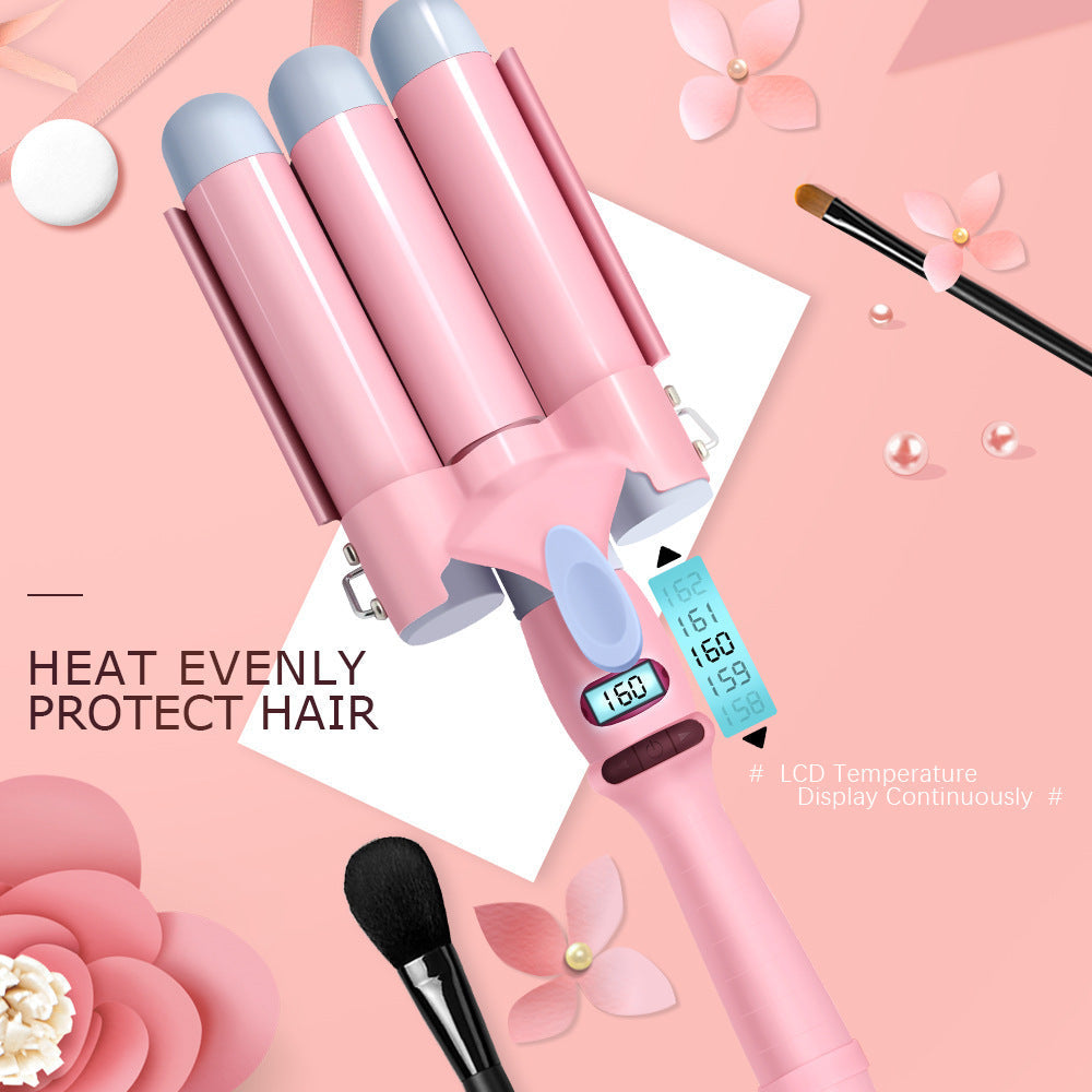 JMT-257930 Three-Tube Tourmaline Ceramic Curling Iron for Wet and Dry Hair - 21mm-30mm Diameter, Pink