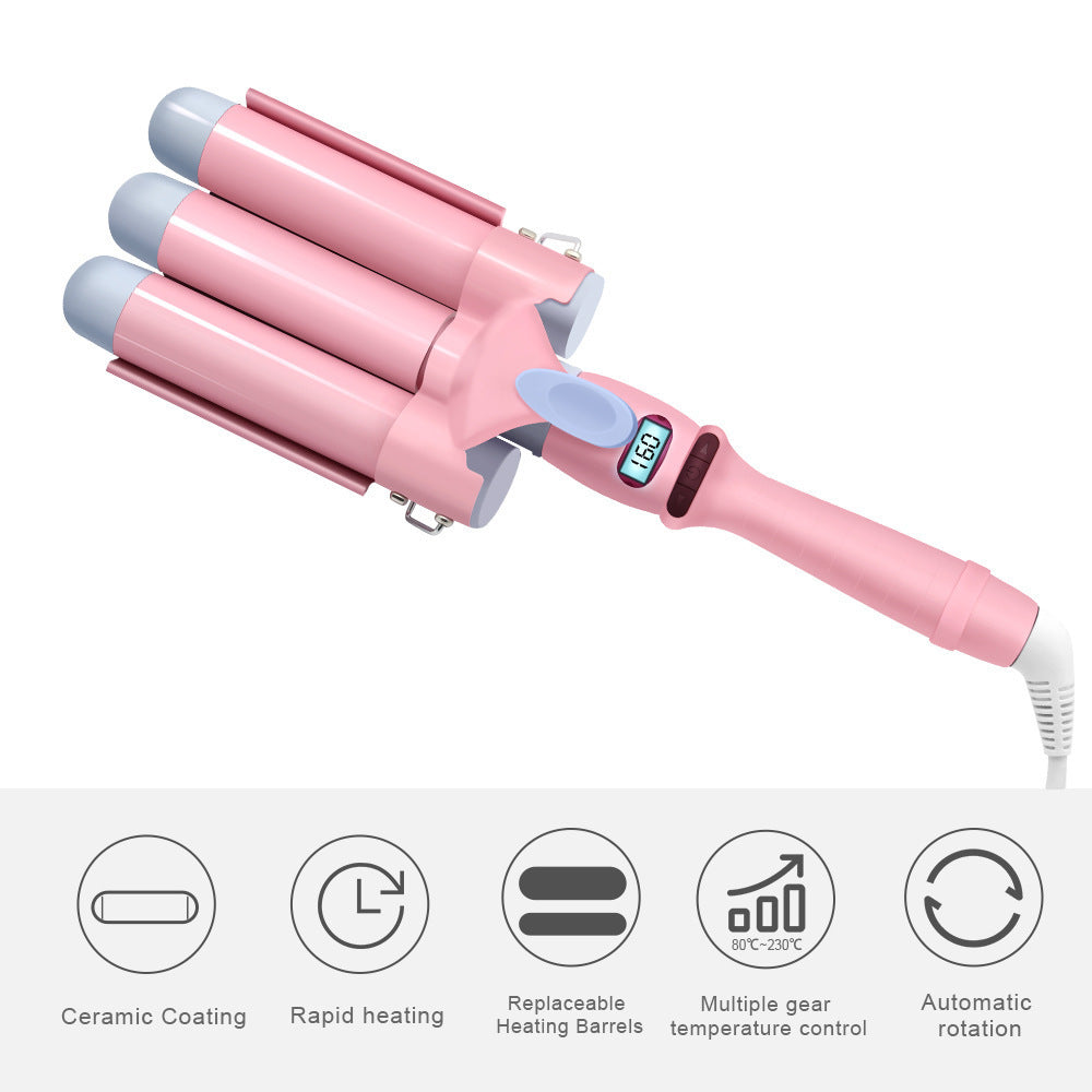 JMT-257930 Three-Tube Tourmaline Ceramic Curling Iron for Wet and Dry Hair - 21mm-30mm Diameter, Pink