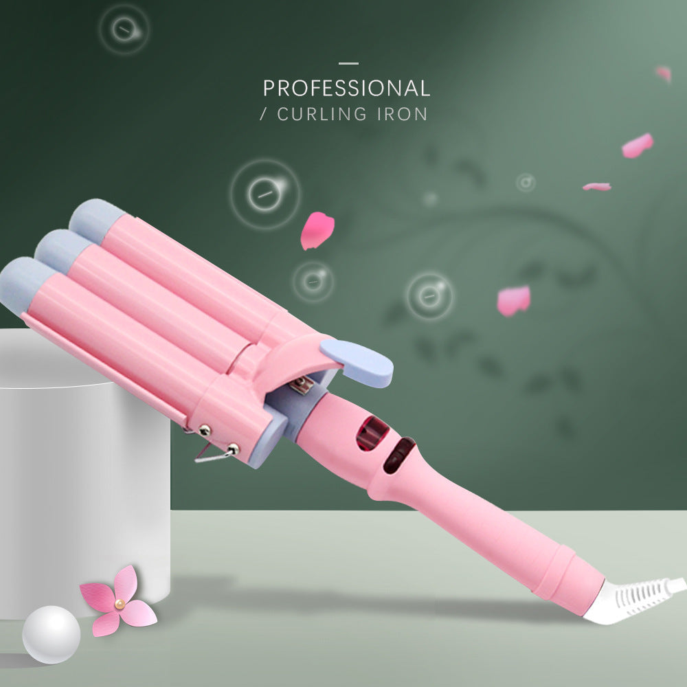 JMT-257930 Three-Tube Tourmaline Ceramic Curling Iron for Wet and Dry Hair - 21mm-30mm Diameter, Pink