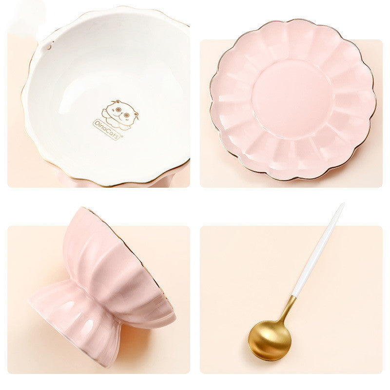 JMT-261258 Pink Bone Porcelain Cat Bowl with Dinner Plate - Indoor American Style Set