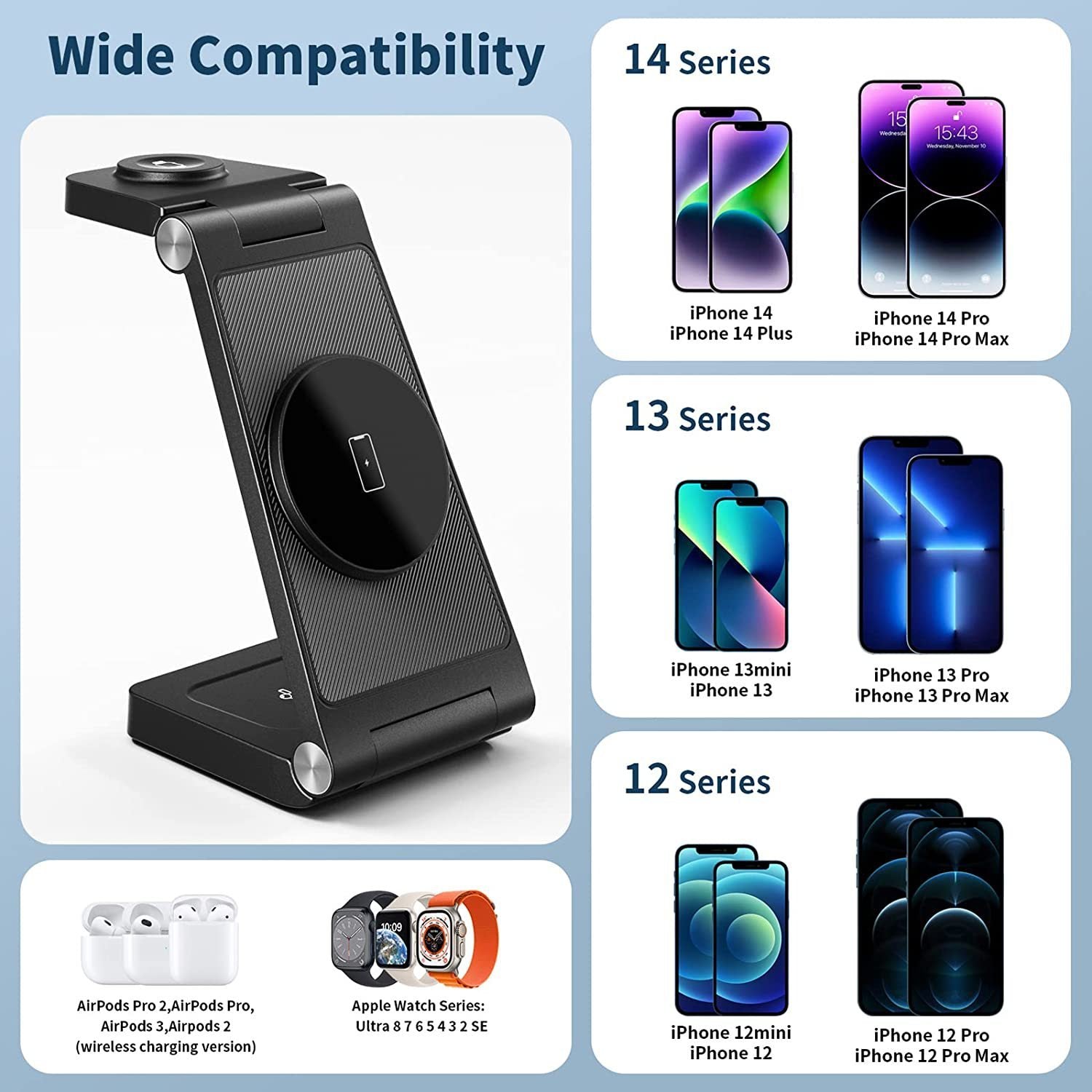 JMT-261770 Vertical Folding Magnetic 3-in-1 Wireless Charger with Charging Cable and Head - Black or White