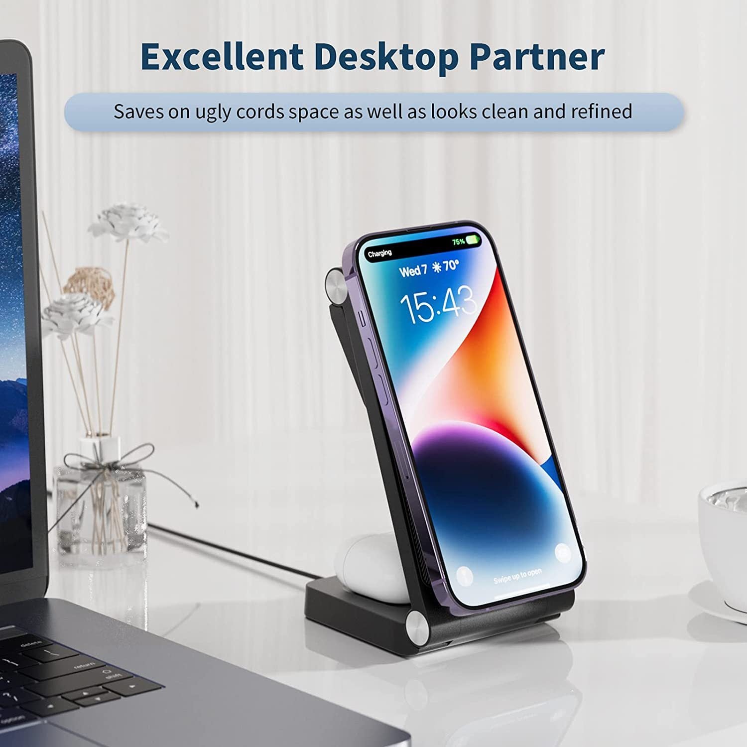 JMT-261770 Vertical Folding Magnetic 3-in-1 Wireless Charger with Charging Cable and Head - Black or White