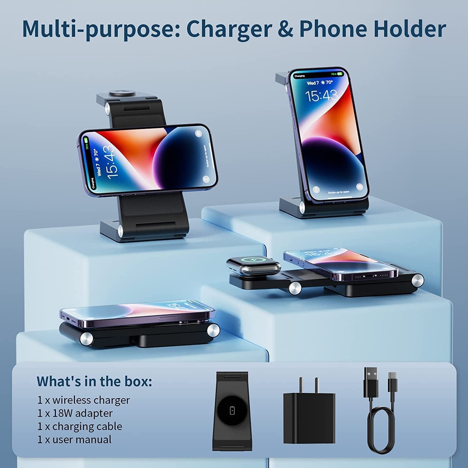 JMT-261770 Vertical Folding Magnetic 3-in-1 Wireless Charger with Charging Cable and Head - Black or White