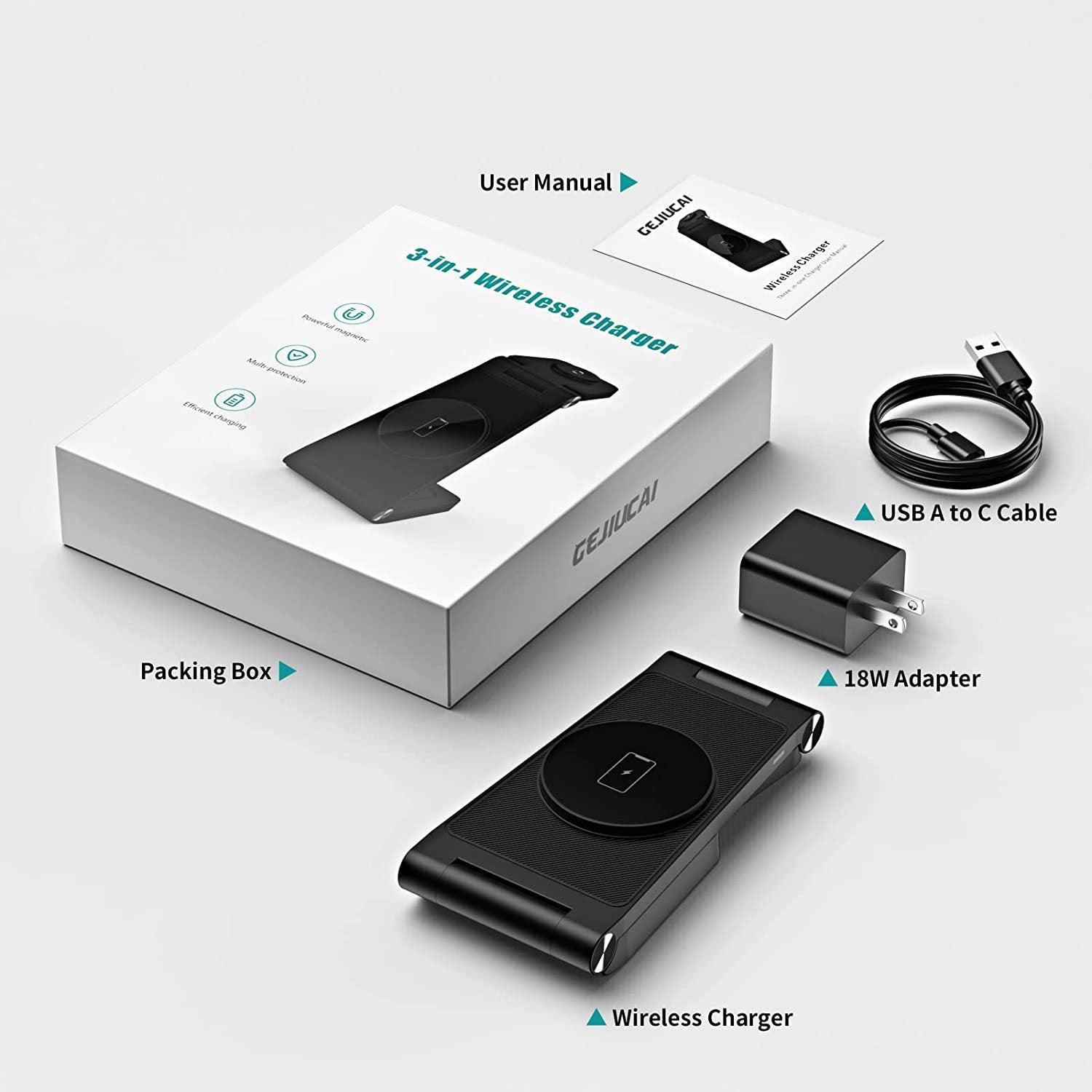 JMT-261770 Vertical Folding Magnetic 3-in-1 Wireless Charger with Charging Cable and Head - Black or White
