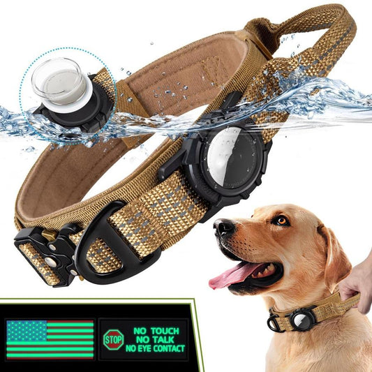 JMT-261898 Waterproof Dog Collar with Airtag Protective Cover - Durable Nylon & Flannel, Available in Black & Camel, for All Seasons