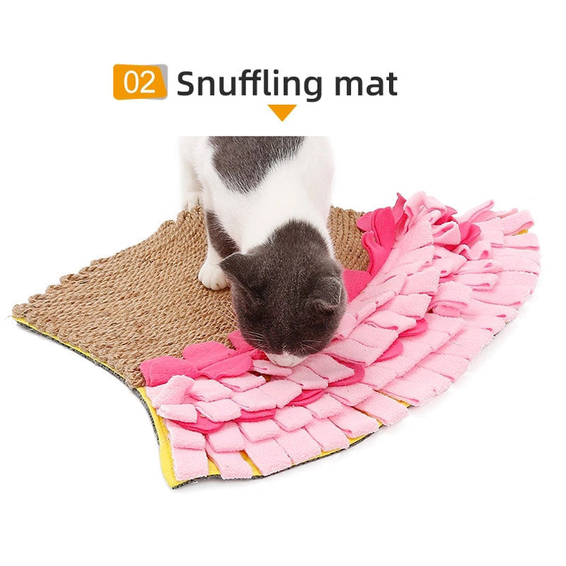 JMT-262538 Natural Jute & Polar Fleece Sniff Food Mat for Cats - Interactive Bite Toy in Pink or Yellow