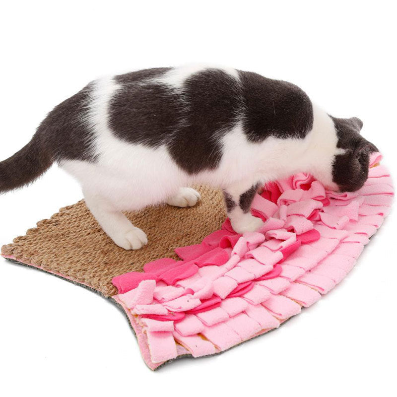JMT-262538 Natural Jute & Polar Fleece Sniff Food Mat for Cats - Interactive Bite Toy in Pink or Yellow
