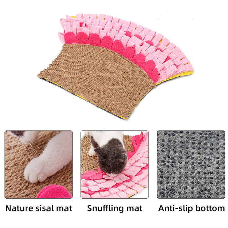 JMT-262538 Natural Jute & Polar Fleece Sniff Food Mat for Cats - Interactive Bite Toy in Pink or Yellow