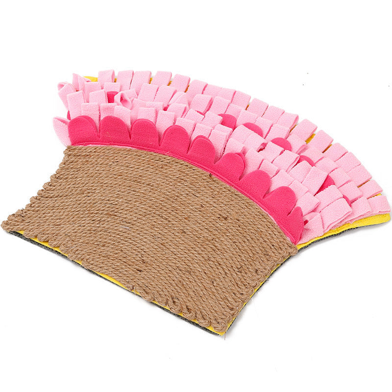 JMT-262538 Natural Jute & Polar Fleece Sniff Food Mat for Cats - Interactive Bite Toy in Pink or Yellow