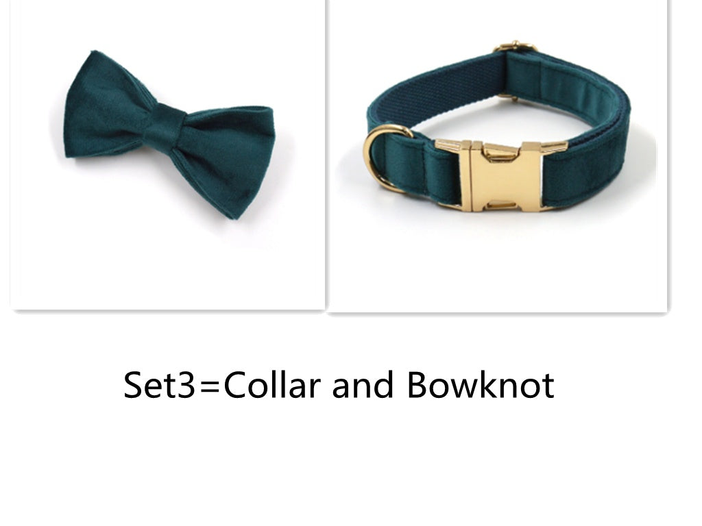 JMT-262730 Sapphire Green Velvet Pet Collar and Leash Set with Gold Buckle and Bowtie