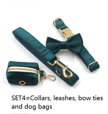 JMT-262730 Sapphire Green Velvet Pet Collar and Leash Set with Gold Buckle and Bowtie