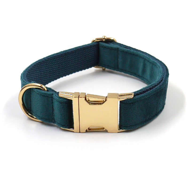 JMT-262730 Sapphire Green Velvet Pet Collar and Leash Set with Gold Buckle and Bowtie