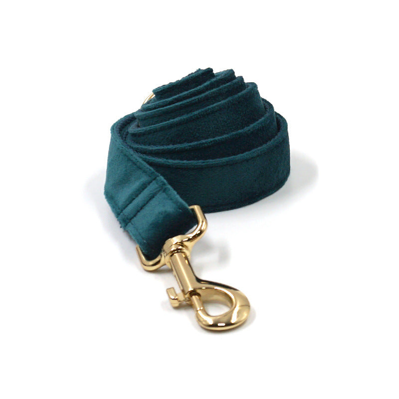 JMT-262730 Sapphire Green Velvet Pet Collar and Leash Set with Gold Buckle and Bowtie