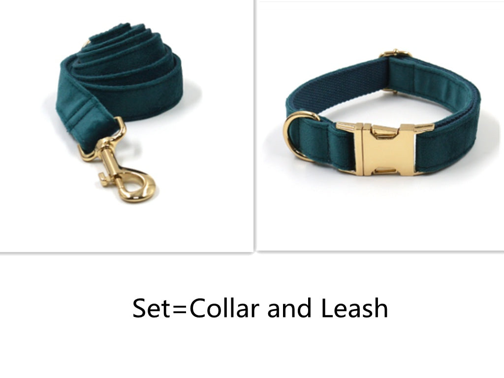 JMT-262730 Sapphire Green Velvet Pet Collar and Leash Set with Gold Buckle and Bowtie