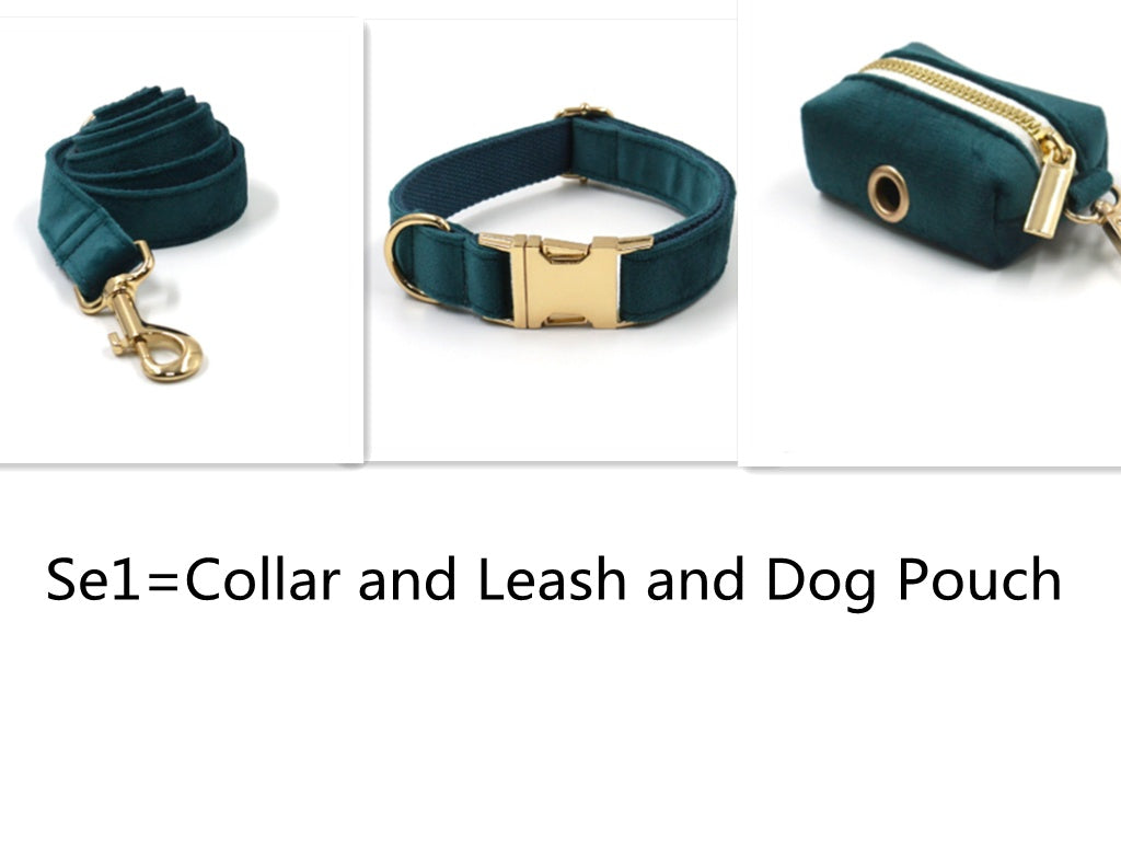 JMT-262730 Sapphire Green Velvet Pet Collar and Leash Set with Gold Buckle and Bowtie
