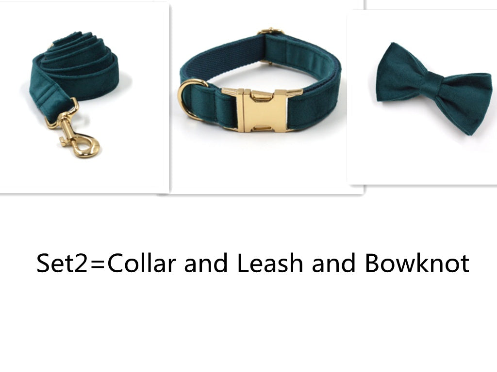 JMT-262730 Sapphire Green Velvet Pet Collar and Leash Set with Gold Buckle and Bowtie