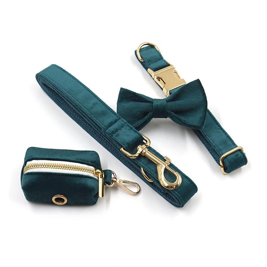 JMT-262730 Sapphire Green Velvet Pet Collar and Leash Set with Gold Buckle and Bowtie