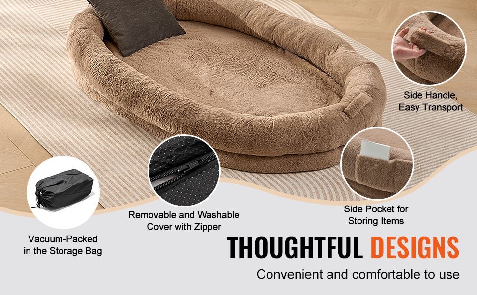 JMT-263690 Large Washable Faux Rabbit Fur Dog Bed for Humans - Cozy 72"x48"x10" Resting Space with Side Pockets and Non-Slip Base