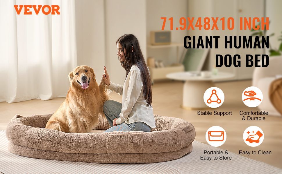 JMT-263690 Large Washable Faux Rabbit Fur Dog Bed for Humans - Cozy 72"x48"x10" Resting Space with Side Pockets and Non-Slip Base
