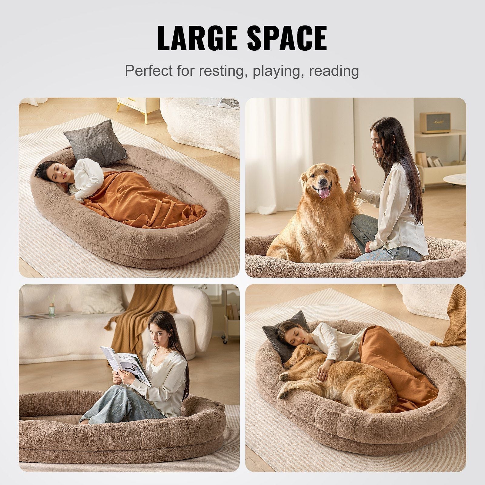 JMT-263690 Large Washable Faux Rabbit Fur Dog Bed for Humans - Cozy 72"x48"x10" Resting Space with Side Pockets and Non-Slip Base