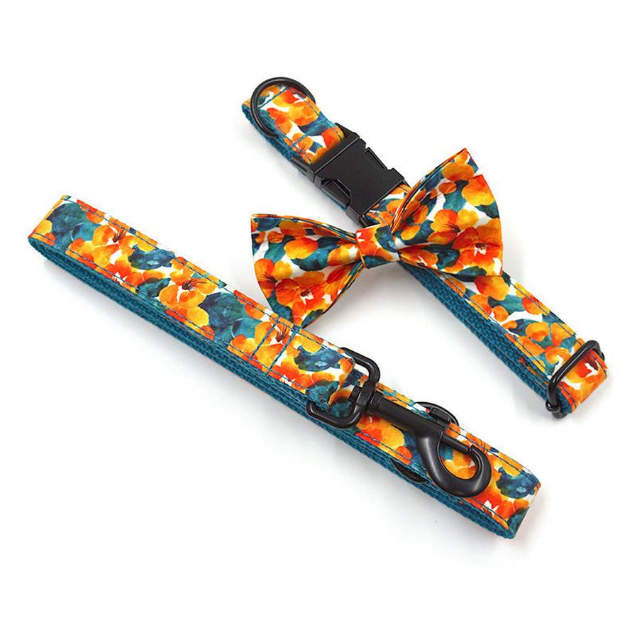 JMT-263882 Hawaiian Black Fabric Dog Collar and Leash Set with Matching Bow