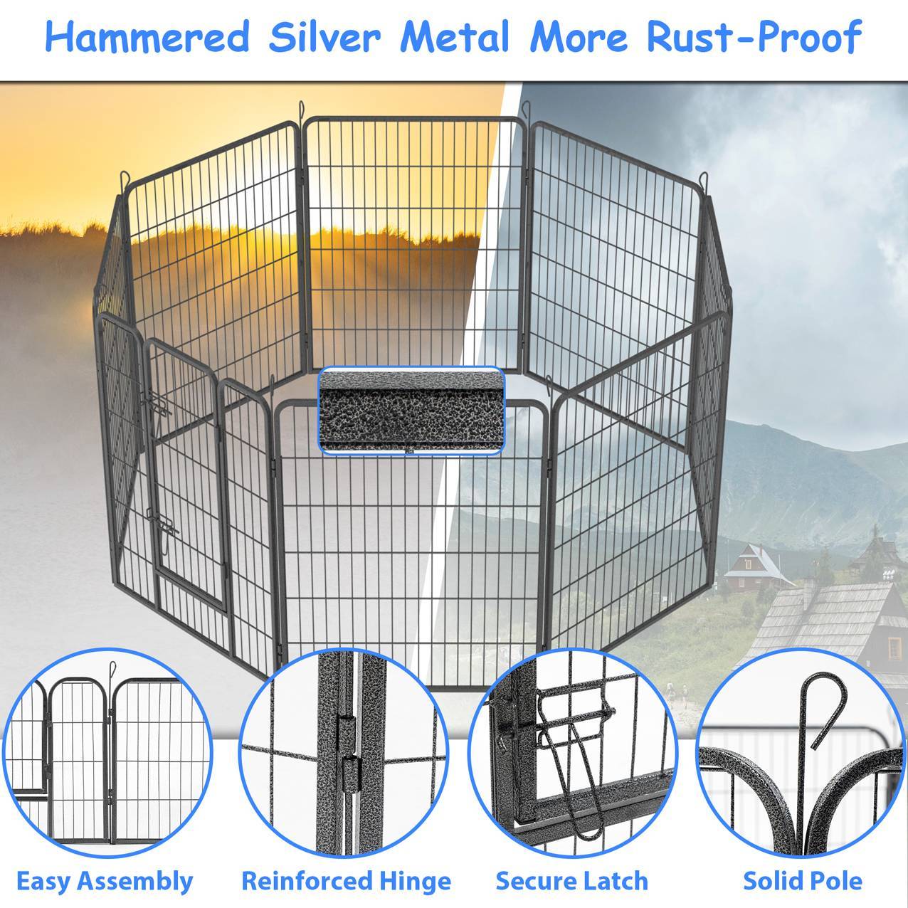JMT-265546 Large Dog Playpen - Indoor and Outdoor Heavy Duty Metal Fence for Safe Pet Exercise and Rest