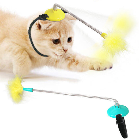 JMT-265674 Self-Healing Plush Cat Teaser Collar Toy with Spring Foot - Lake Blue and Yellow