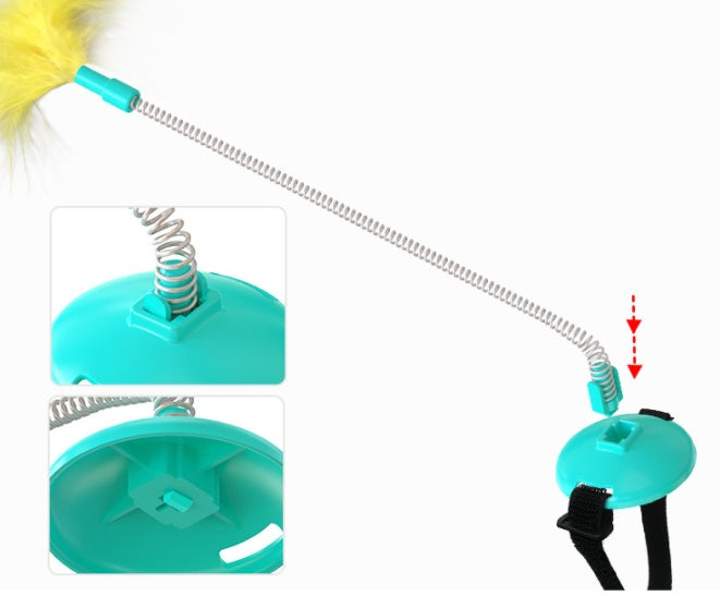 JMT-265674 Self-Healing Plush Cat Teaser Collar Toy with Spring Foot - Lake Blue and Yellow