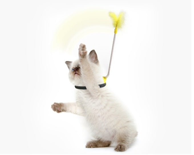 JMT-265674 Self-Healing Plush Cat Teaser Collar Toy with Spring Foot - Lake Blue and Yellow