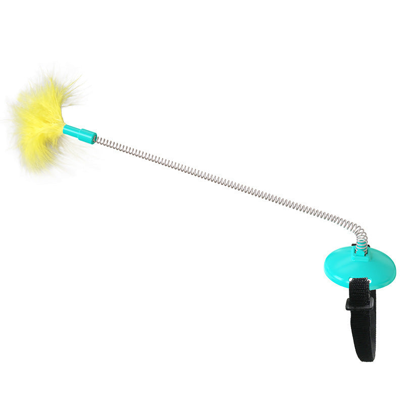 JMT-265674 Self-Healing Plush Cat Teaser Collar Toy with Spring Foot - Lake Blue and Yellow