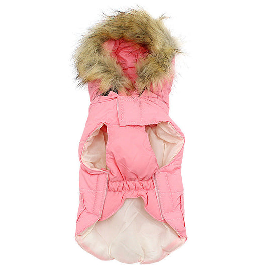 JMT-266314 Winter Detachable Hooded Dog Clothes with Fur Collar - Stylish Polyester Outerwear in Blue, Red, Pink