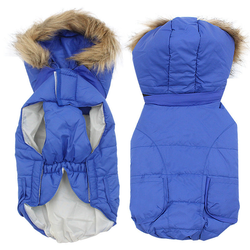 JMT-266314 Winter Detachable Hooded Dog Clothes with Fur Collar - Stylish Polyester Outerwear in Blue, Red, Pink