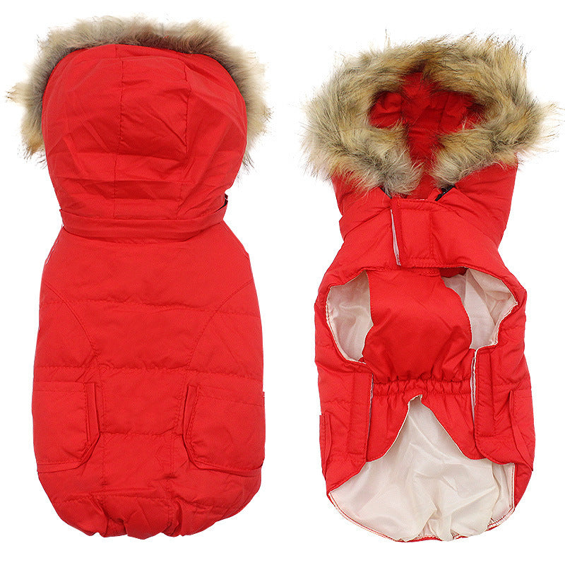 JMT-266314 Winter Detachable Hooded Dog Clothes with Fur Collar - Stylish Polyester Outerwear in Blue, Red, Pink